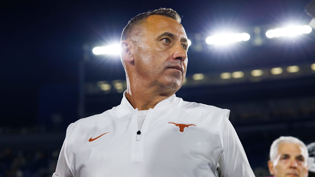 Texas Longhorns head coach Steve Sarkisian is interviewed by the media after the game against the Kentucky Wildcats at Kroger Field.