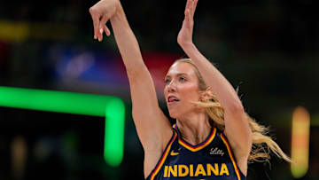 Indiana Fever Lexi Hull competes Friday, July 18, 2025, during the WNBA All-Star 3-point contest at Gainbridge Fieldhouse in Indianapolis.
