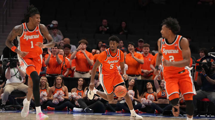Mar 10, 2026; Charlotte, NC, USA; Syracuse Orange forward Tyler Betsey (5) with the ball in the first half at Spectrum Center. Mandatory Credit: Bob Donnan-Imagn Images