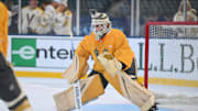 Dec 31, 2023; Seattle, Washington, USA; Vegas Golden Knights goaltender Jiri Patera (30) during the practice session before the 2024 Winter Classic ice hockey game at T-Mobile Park. Mandatory Credit: Steven Bisig-Imagn Images