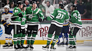 Mar 2, 2025; Dallas, Texas, USA; Dallas Stars center Wyatt Johnston (53) and defenseman Thomas Harley (55) and center Roope Hintz (24) and left wing Jason Robertson (21) and center Matt Duchene (95) celebrate after Johnston scores his second goal of the game against the St. Louis Blues during the third period at the American Airlines Center. Mandatory Credit: Jerome Miron-Imagn Images