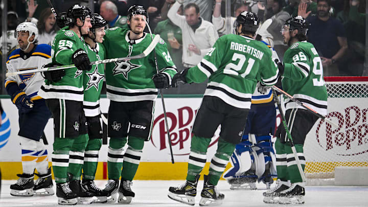 Mar 2, 2025; Dallas, Texas, USA; Dallas Stars center Wyatt Johnston (53) and defenseman Thomas Harley (55) and center Roope Hintz (24) and left wing Jason Robertson (21) and center Matt Duchene (95) celebrate after Johnston scores his second goal of the game against the St. Louis Blues during the third period at the American Airlines Center. Mandatory Credit: Jerome Miron-Imagn Images