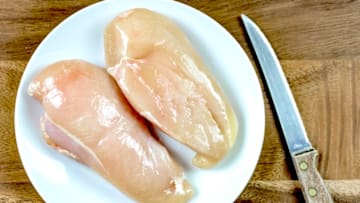 Raw chicken breasts often sport white stripes.