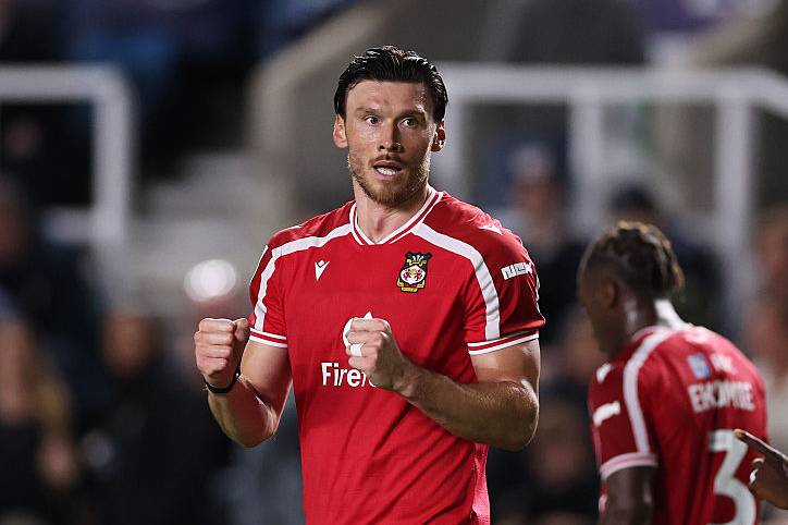 Kieffer Moore of Wrexham celebrates scoring his team’s second goal during the Sky Bet Championship 2026/27 match.