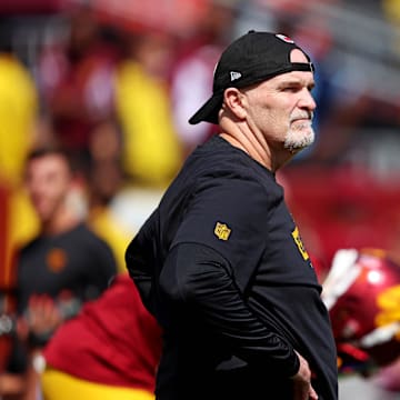 Sep 15, 2024; Landover, Maryland, USA; Washington Commanders head coach Dan Quinn looks on before game against the New York Giants at Commanders Field. Mandatory Credit: Peter Casey-Imagn Images