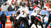 Jan 5, 2025; Nashville, Tennessee, USA; Houston Texans quarterback C.J. Stroud (7) stands in the pocket against the Tennessee Titans during the first half at Nissan Stadium. Mandatory Credit: Steve Roberts-Imagn Images