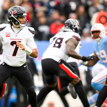 Jan 5, 2025; Nashville, Tennessee, USA; Houston Texans quarterback C.J. Stroud (7) stands in the pocket against the Tennessee Titans during the first half at Nissan Stadium. Mandatory Credit: Steve Roberts-Imagn Images