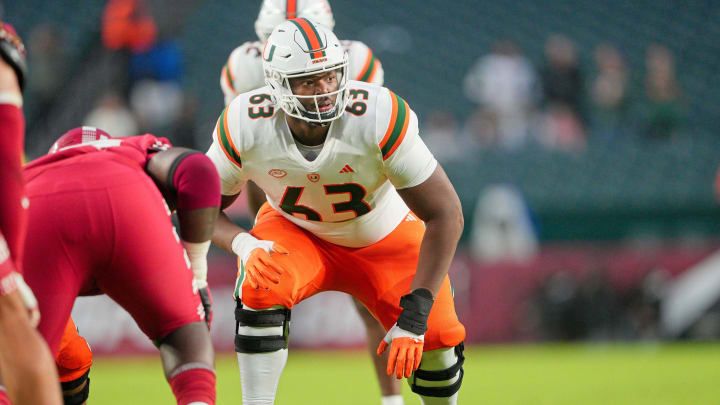 Sep 23, 2023; Philadelphia, Pennsylvania, USA;  Miami Hurricanes offensive lineman Samson Okunlola (63) in the second half against the Temple Owls at Lincoln Financial Field. Mandatory Credit: Andy Lewis-USA TODAY Sports