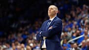 Feb 11, 2025; Lexington, Kentucky, USA; Kentucky Wildcats head coach Mark Pope looks on during the first half against the Tennessee Volunteers at Rupp Arena at Central Bank Center. Mandatory Credit: Jordan Prather-Imagn Images