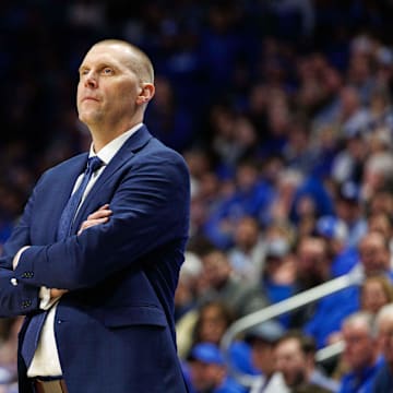 Feb 11, 2025; Lexington, Kentucky, USA; Kentucky Wildcats head coach Mark Pope looks on during the first half against the Tennessee Volunteers at Rupp Arena at Central Bank Center. Mandatory Credit: Jordan Prather-Imagn Images