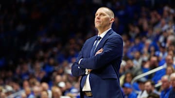 Feb 11, 2025; Lexington, Kentucky, USA; Kentucky Wildcats head coach Mark Pope looks on during the first half against the Tennessee Volunteers at Rupp Arena at Central Bank Center. Mandatory Credit: Jordan Prather-Imagn Images