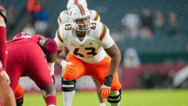 Miami Hurricanes offensive lineman Samson Okunlola (63) in the second half against the Temple Owls at Lincoln Financial Field