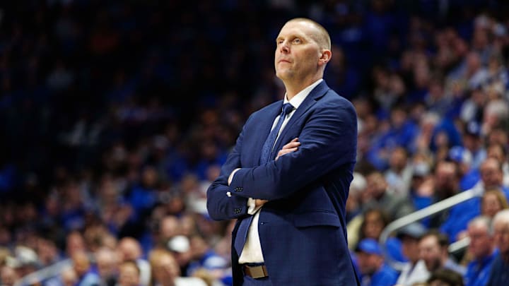 Feb 11, 2025; Lexington, Kentucky, USA; Kentucky Wildcats head coach Mark Pope looks on during the first half against the Tennessee Volunteers at Rupp Arena at Central Bank Center. Mandatory Credit: Jordan Prather-Imagn Images Feb 11, 2025; Lexington, Kentucky, USA; Kentucky Wildcats head coach Mark Pope looks on during the first half against the Tennessee Volunteers at Rupp Arena at Central Bank Center. Mandatory Credit: Jordan Prather-Imagn Images