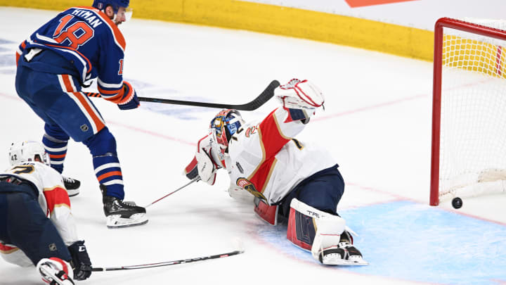 Edmonton Oilers left wing Zach Hyman (18) scores a goal past Florida Panthers goaltender Sergei Bobrovsky (72)