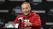 Mar 26, 2025; San Francisco, CA, USA; Texas Tech Red Raiders head coach Grant McCasland addresses the media in a press conference during NCAA Tournament West Regional Practice at Chase Center. Mandatory Credit: Eakin Howard-Imagn Images
