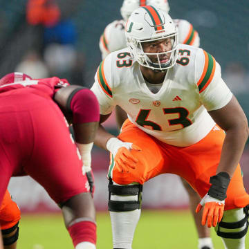 Sep 23, 2023; Philadelphia, Pennsylvania, USA;  Miami Hurricanes offensive lineman Samson Okunlola (63) in the second half against the Temple Owls at Lincoln Financial Field. Mandatory Credit: Andy Lewis-USA TODAY Sports