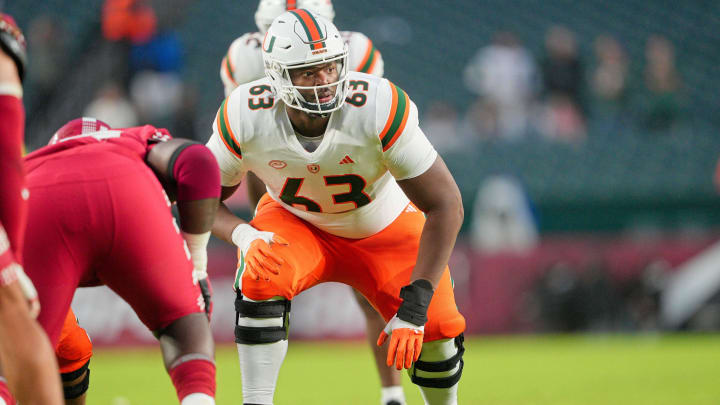 Sep 23, 2023; Philadelphia, Pennsylvania, USA;  Miami Hurricanes offensive lineman Samson Okunlola (63) in the second half against the Temple Owls at Lincoln Financial Field. Mandatory Credit: Andy Lewis-USA TODAY Sports