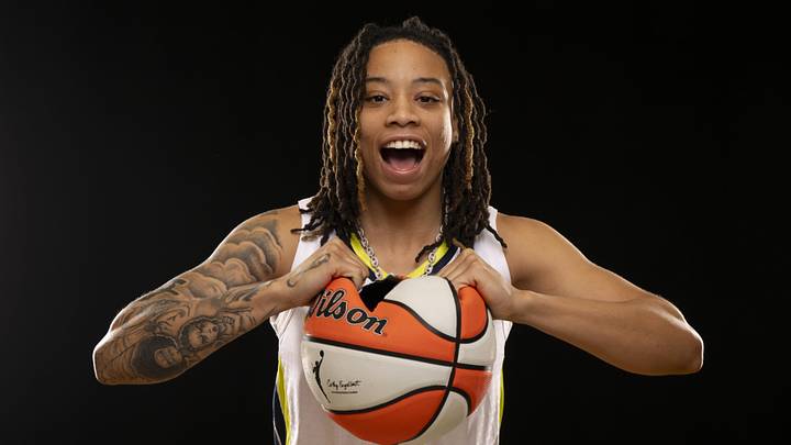 May 7, 2025; Arlington, TX, USA; Dallas Wings guard JJ Quinerly poses for a photo during the 2025 Dallas Wings Media Day. Mandatory Credit: Jerome Miron-Imagn Images