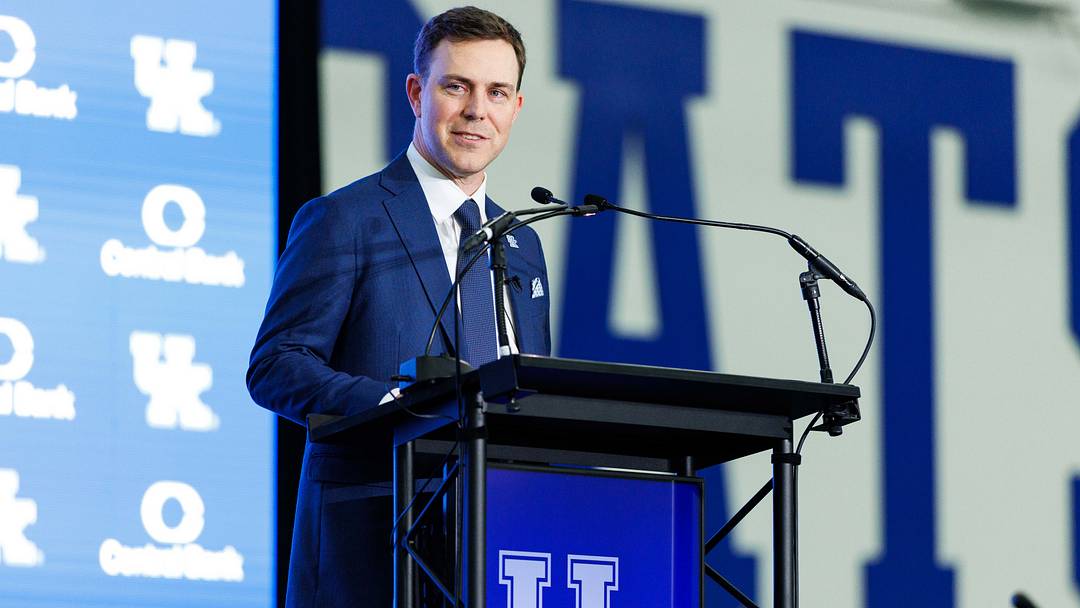 Dec 3, 2025; Lexington, KY, USA; Kentucky Wildcats head football coach Will Stein speaks during his introductory press conference at Nutter Field House. Mandatory Credit: Jordan Prather-Imagn Images