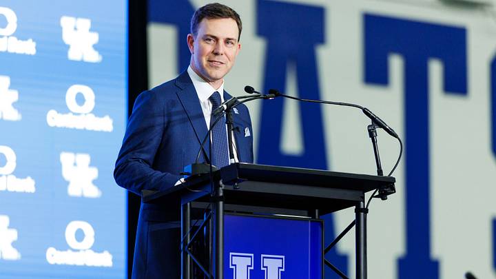 Dec 3, 2025; Lexington, KY, USA; Kentucky Wildcats head football coach Will Stein speaks during his introductory press conference at Nutter Field House. Mandatory Credit: Jordan Prather-Imagn Images