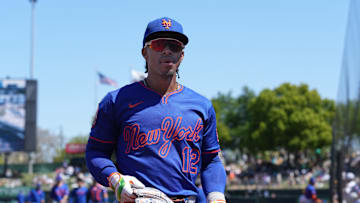 Apr 13, 2025; West Sacramento, California, USA; New York Mets shortstop Francisco Lindor (12) before the game against the Athletics at Sutter Health Park. Mandatory Credit: Darren Yamashita-Imagn Images