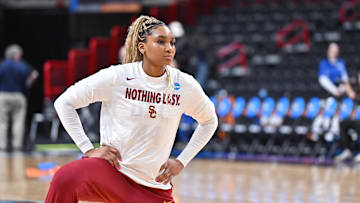 Mar 31, 2025; Spokane, WA, USA; USC Trojans forward Kiki Iriafen (44) warms up before a Elite 8 NCAA Tournament basketball game against the UConn Huskies at Spokane Arena. Mandatory Credit: James Snook-Imagn Images