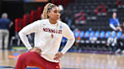 USC Trojans forward Kiki Iriafen warms up before a Elite 8 game against the UConn Huskies.