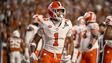 Dec 21, 2024; Austin, Texas, USA; Clemson Tigers wide receiver T.J. Moore (1) in action during the game between the Texas Longhorns and the Clemson Tigers in the CFP National Playoff First Round at Darrell K Royal-Texas Memorial Stadium. Mandatory Credit: Jerome Miron-Imagn Images