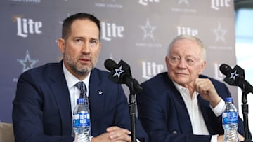 Jan 27, 2025; Frisco, TX, USA;   Dallas Cowboys Head Coach Brian Schottenheimer and owner Jerry Jones speak to the media at a press conference at the Star.  Mandatory Credit: Tim Heitman-Imagn Images