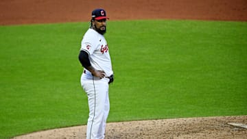 Oct 7, 2024; Cleveland, Ohio, USA; Cleveland Guardians pitcher Emmanuel Clase (48) reacts after giving up a three run home run during the ninth inning against the Detroit Tigers during game two of the ALDS for the 2024 MLB Playoffs at Progressive Field. Mandatory Credit: David Richard-Imagn Images