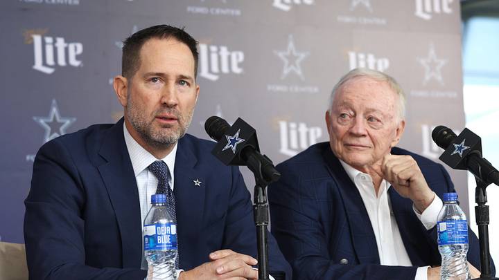 Jan 27, 2025; Frisco, TX, USA;   Dallas Cowboys Head Coach Brian Schottenheimer and owner Jerry Jones speak to the media at a press conference at the Star.  Mandatory Credit: Tim Heitman-Imagn Images