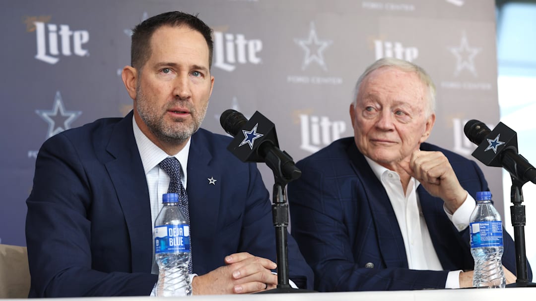 Dallas Cowboys Head Coach Brian Schottenheimer and owner Jerry Jones speak to the media at a press conference at the Star.  