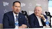 Dallas Cowboys Head Coach Brian Schottenheimer and owner Jerry Jones speak to the media at an NFL press conference in Dallas