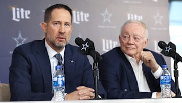 Jan 27, 2025; Frisco, TX, USA;   Dallas Cowboys Head Coach Brian Schottenheimer and owner Jerry Jones speak to the media at a press conference at the Star.  Mandatory Credit: Tim Heitman-Imagn Images