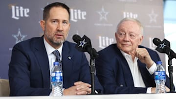 Jan 27, 2025; Frisco, TX, USA;   Dallas Cowboys Head Coach Brian Schottenheimer and owner Jerry Jones speak to the media at a press conference at the Star.