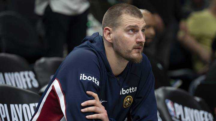 Apr 30, 2026; Minneapolis, Minnesota, USA; Denver Nuggets center Nikola Jokic (15) seats on the bench before the second half begins against the Minnesota Timberwolves during game six of the first round of the 2026 NBA Playoffs at Target Center. Mandatory Credit: Jesse Johnson-Imagn Images