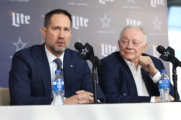 Dallas Cowboys Head Coach Brian Schottenheimer and owner Jerry Jones speak to the media at a press conference at the Star.  