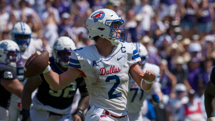 Sep 23, 2023; Fort Worth, Texas, USA; SMU Mustangs quarterback Preston Stone (2) passes against the TCU Horned Frogs during the second half at Amon G. Carter Stadium. Mandatory Credit: Jerome Miron-USA TODAY Sports