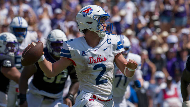 Sep 23, 2023; Fort Worth, Texas, USA; SMU Mustangs quarterback Preston Stone (2) passes against the TCU Horned Frogs during the second half at Amon G. Carter Stadium. Mandatory Credit: Jerome Miron-USA TODAY Sports