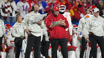 Nov 17, 2024; Orchard Park, New York, USA; Kansas City Chiefs head coach Andy Reid looks at his play card during the first half against the Buffalo Bills at Highmark Stadium. Mandatory Credit: Gregory Fisher-Imagn Images