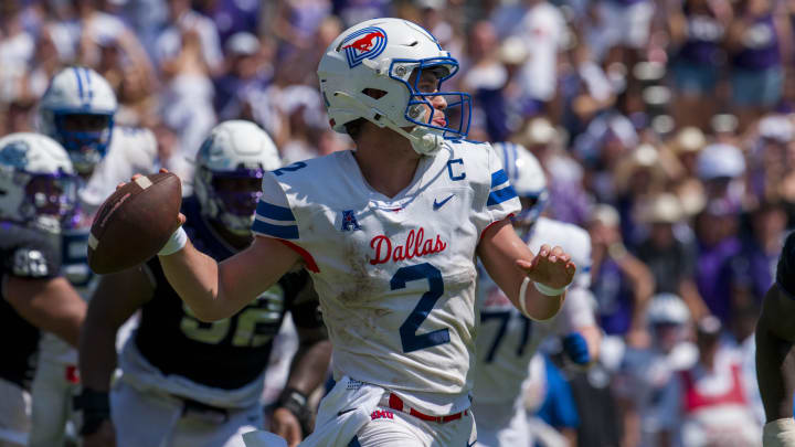 Sep 23, 2023; Fort Worth, Texas, USA; SMU Mustangs quarterback Preston Stone (2) passes against the TCU Horned Frogs during the second half at Amon G. Carter Stadium. Mandatory Credit: Jerome Miron-USA TODAY Sports