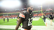 Nov 16, 2025; Cleveland, Ohio, USA; Cleveland Browns quarterback Shedeur Sanders (12) walks off the field following a game against the Baltimore Ravens at Huntington Bank Field. Mandatory Credit: Ken Blaze-Imagn Images