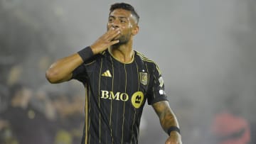 Aug 13, 2024; Los Angeles, California, USA; Los Angeles FC forward Denis Bouanga (99) celebrates after scoring a goal in the second half against the San Jose Earthquakes at BMO Stadium. Mandatory Credit: Jayne Kamin-Oncea-USA TODAY Sports