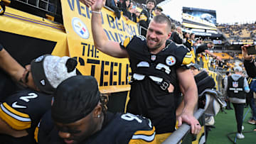 Nov 17, 2024; Pittsburgh, Pennsylvania, USA; Pittsburgh Steelers linebacker T.J. Watt (90) celebrates an 18-16 victory over the Baltimore Ravens at Acrisure Stadium. Mandatory Credit: Barry Reeger-Imagn Images