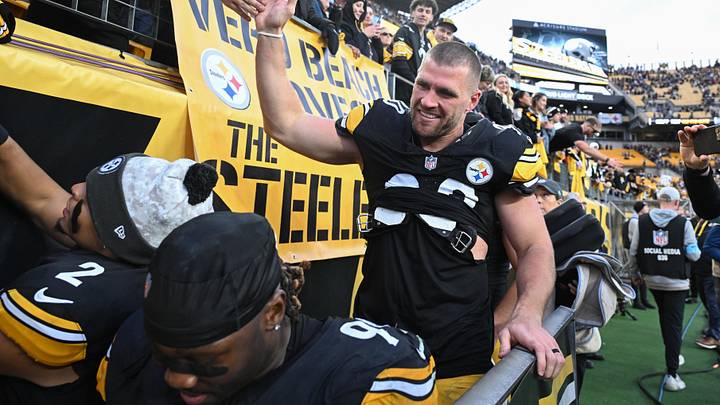 Nov 17, 2024; Pittsburgh, Pennsylvania, USA; Pittsburgh Steelers linebacker T.J. Watt (90) celebrates an 18-16 victory over the Baltimore Ravens at Acrisure Stadium. Mandatory Credit: Barry Reeger-Imagn Images