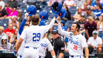 Jun 19, 2024; Omaha, NE, USA; Florida Gators designated hitter Brody Donay (29) celebrates with right fielder Ashton Wilson (30), third baseman Dale Thomas (1) and catcher Luke Heyman (28) Credit: Dylan Widger-Imagn Images