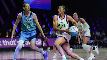 Jan 17, 2025; Miami, FL, USA; Skylar Diggins-Smith (4) of the Lunar Owls drives toward the basket as Breanna Stewart (30) of the Mist defends during the first half of the Unrivaled women’s professional 3v3 basketball league at Wayfair Arena. Mandatory Credit: Jim Rassol-Imagn Images