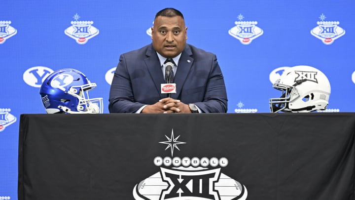 Jul 10, 2024; Las Vegas, NV, USA; BYU Cougars head coach Kalani Sitake speaks to the media during the Big 12 Media Days at Allegiant Stadium. 