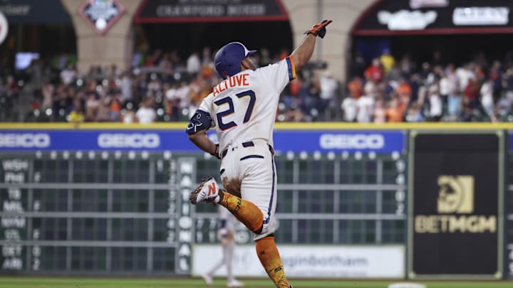 Mar 30, 2026; Houston, Texas, USA; Houston Astros second baseman Jose Altuve (27) rounds the bases after hitting a home run during the eighth inning against the Boston Red Sox at Daikin Park. Mandatory Credit: Troy Taormina-Imagn Images