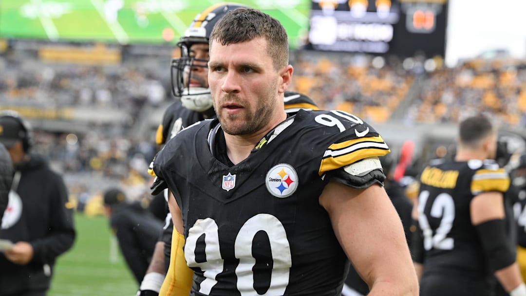 Nov 2, 2025; Pittsburgh, Pennsylvania, USA;  Pittsburgh Steelers linebacker T.J. Watt (90) watches the action against the Indianapolis Colts during the second half at Acrisure Stadium. Mandatory Credit: Barry Reeger-Imagn Images